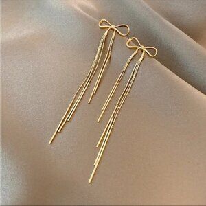 “Sweet Intentions” Gold Bow Dainty Delicate Tassel Sterling Silver Stud Earrings
